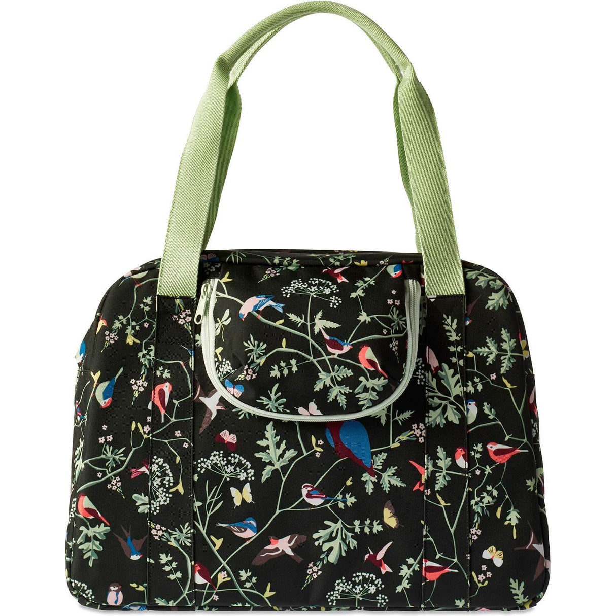 Basil Wanderlust Carry All Bag zwarte fietshandtas met kleurrijke vogelprint