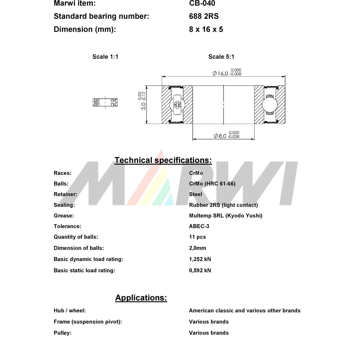 Marwi union kogellager cb-040 688 2rs 8x16x5
