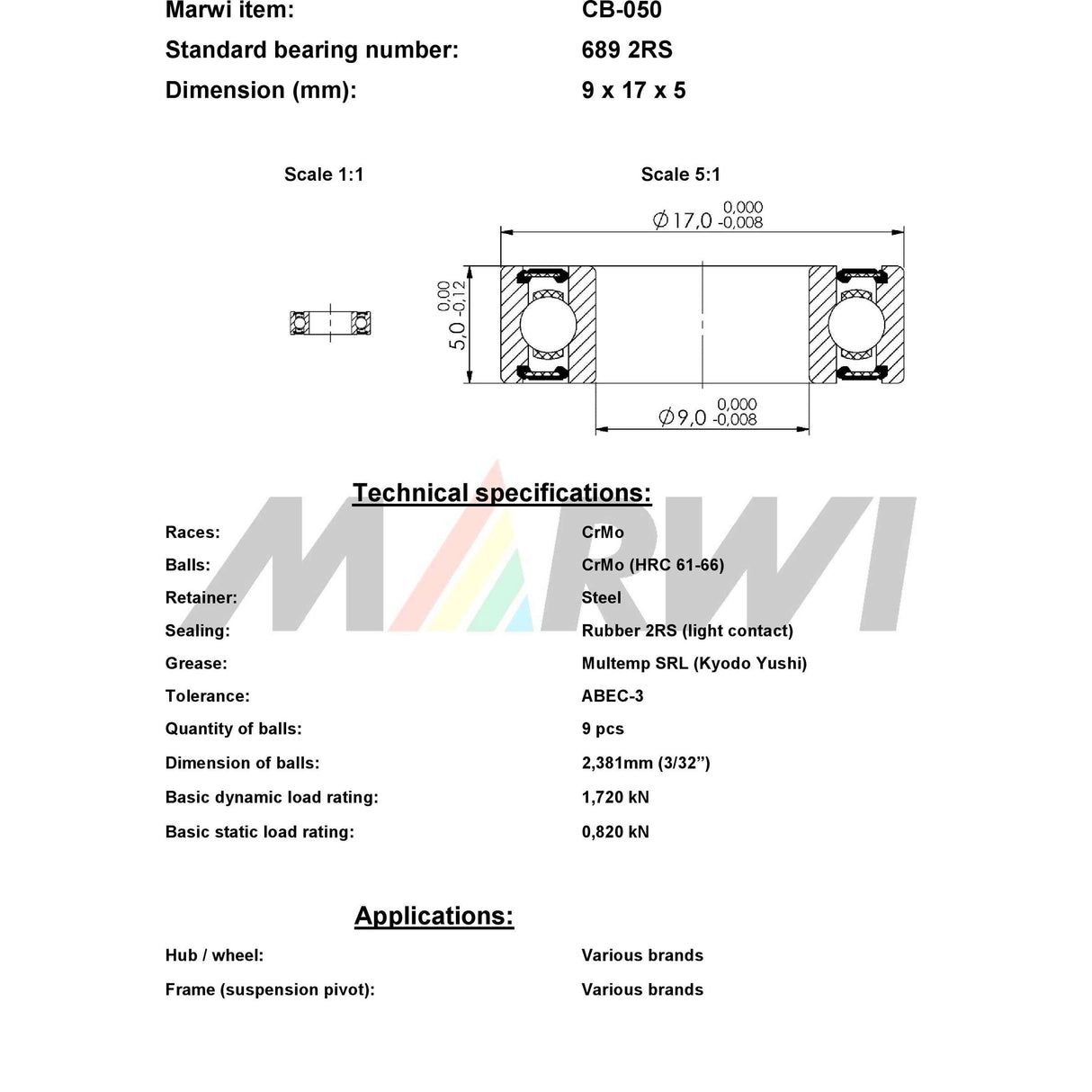 Marwi union kogellager cb-050 689 2rs 9x17x5