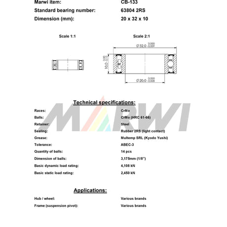 Union kogellager ball bearing cb-133 20x32x10