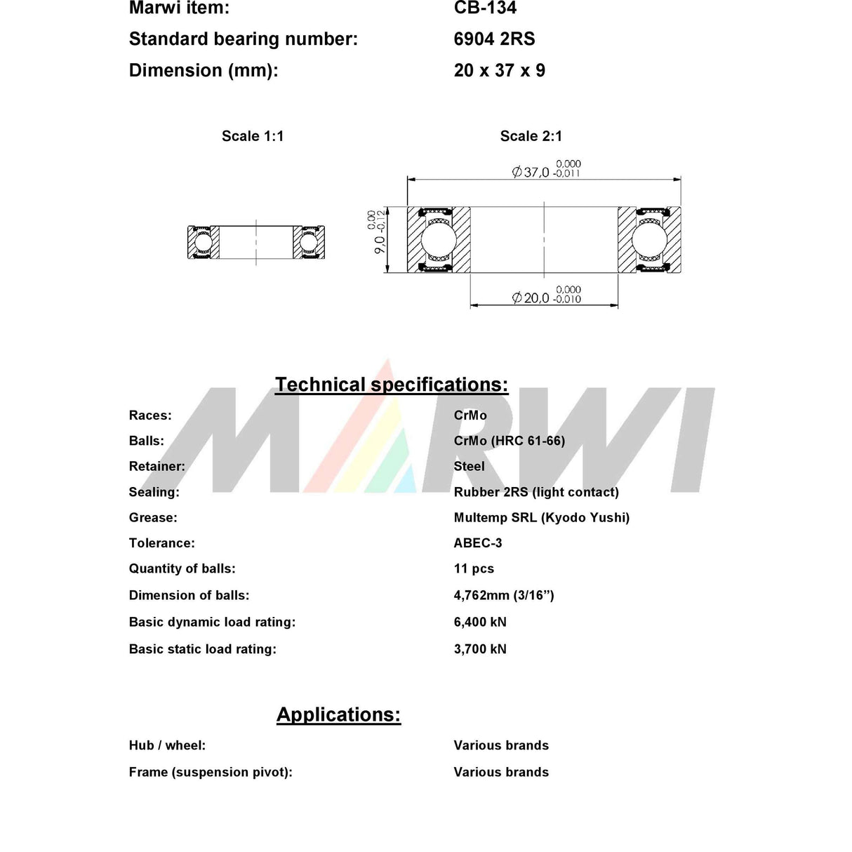 Marwi union kogellager cb-134 6904 2rs 20x37x9