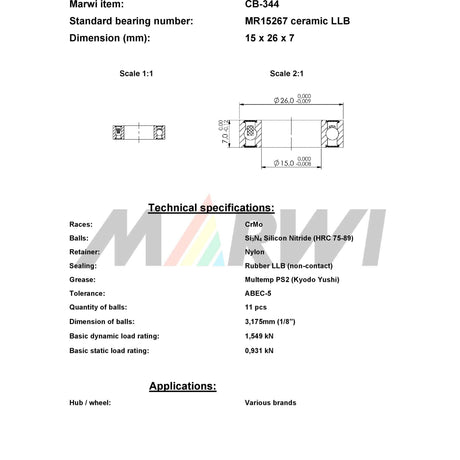 Marwi keram. kogellager cb-344 mr15267 llb 15x26x7 436344