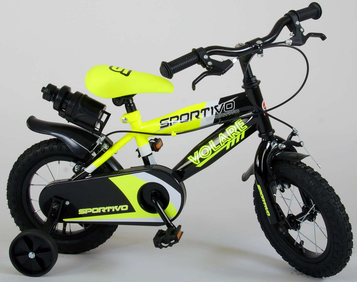 Volare Sportivo Kinderfiets Jongens 12 inch Neon Geel Zwart Twee Handremmen 95% afgemonteerd