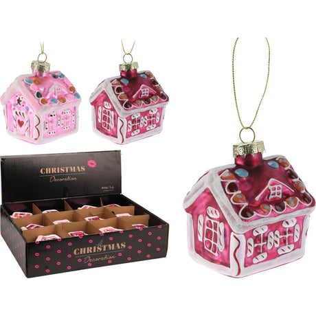 Kersthanger huisje roze glas 8cm 2 assorti display a 12 stuks