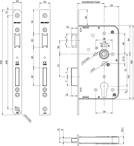 Assa abloy 2420 deurslot | dm65mm | pc72mm | krukgat 8mm | voorplaat rvs 24x235mm rechthoekig | dr 1+3 2+4 - 7262018