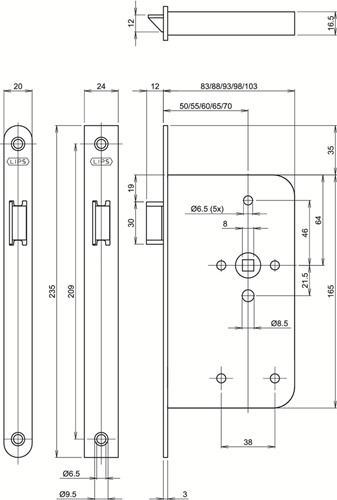 Assa abloy 2465 loopslot | dm50mm | krukgat 8mm | voorplaat staal gelakt 20x235mm afgerond | dr 1+3 2+4 - 7962040