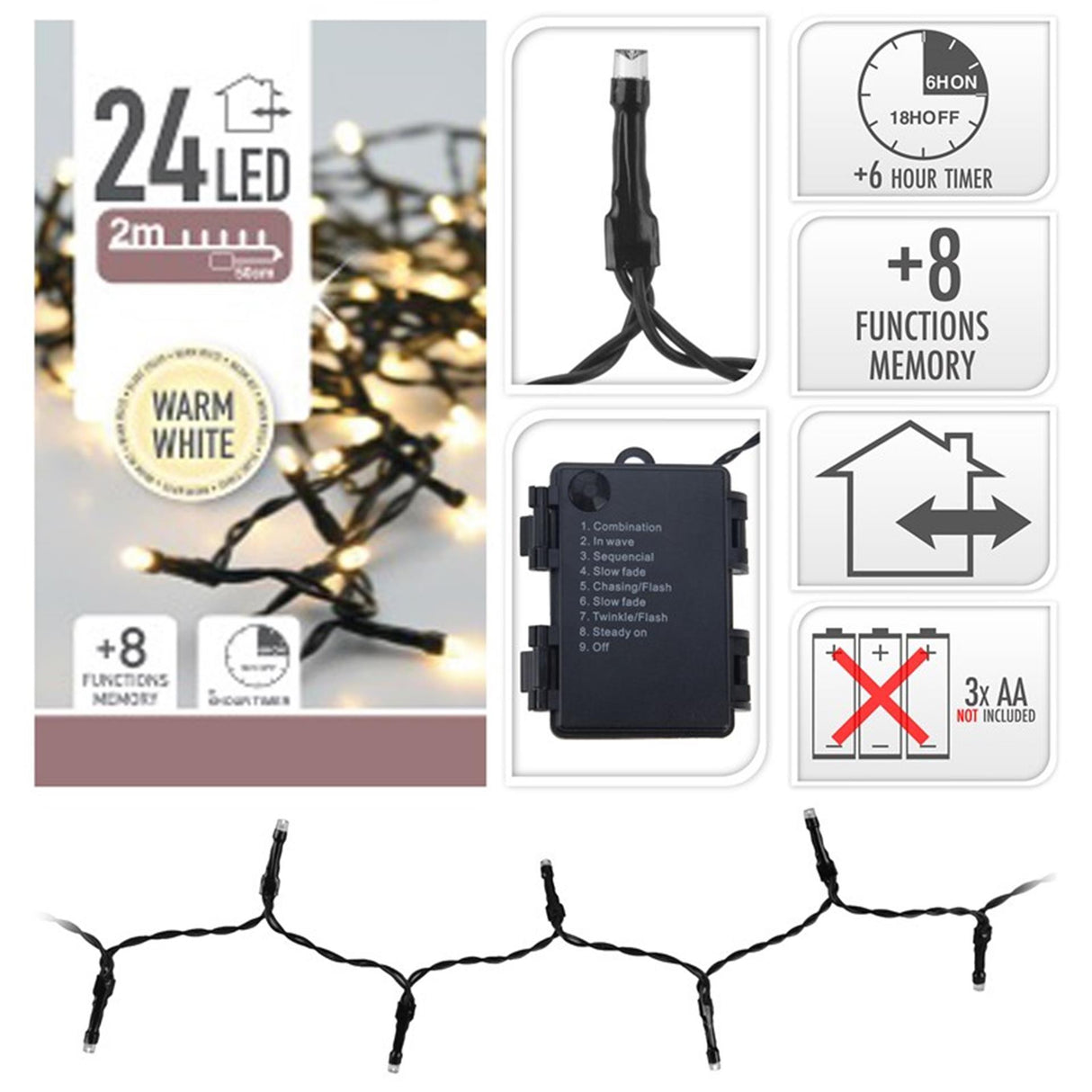 Home styling kerstverlichting led 24lamps 2mtr op batterij met timer warm wit 3xaa (excl batterijen)