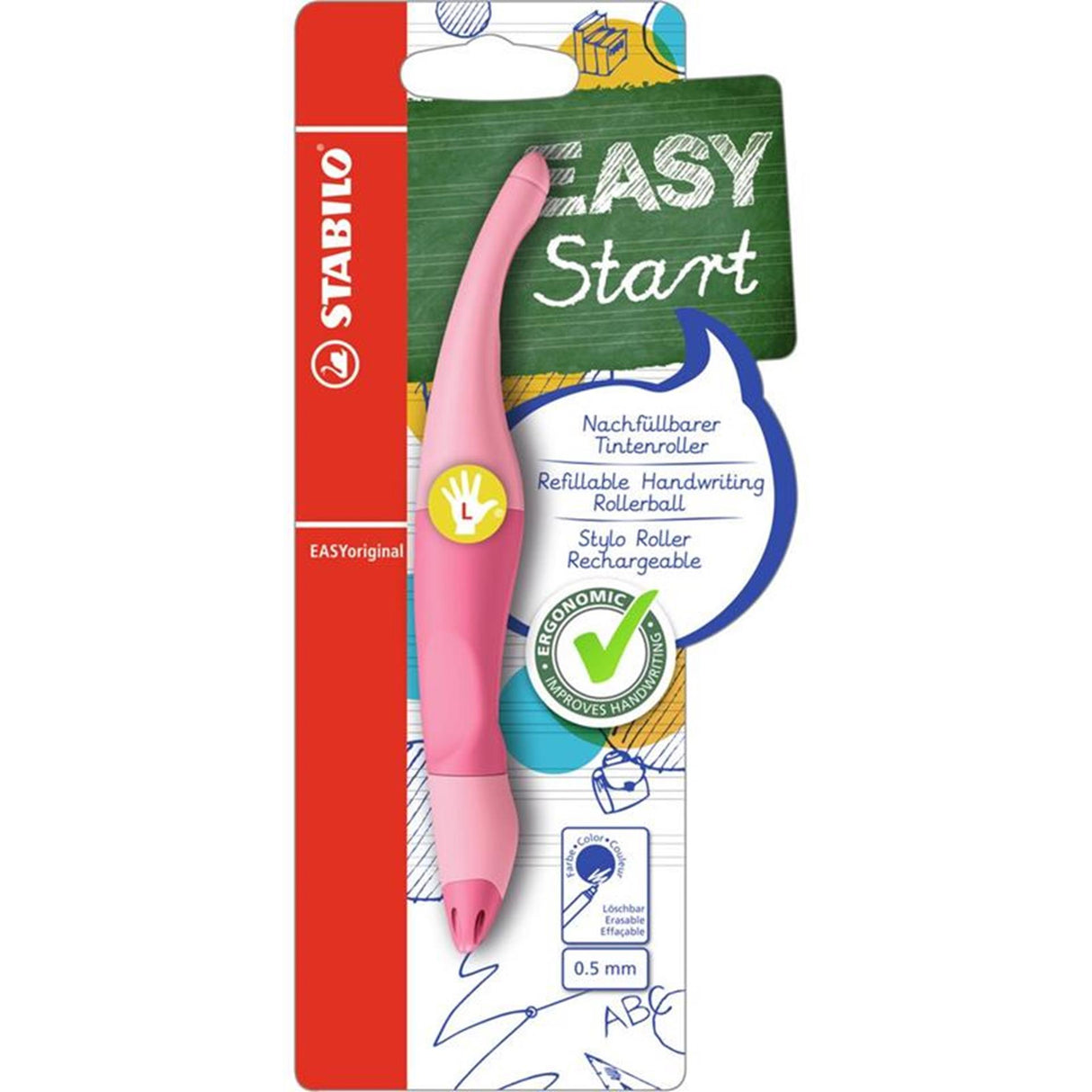 Stabilo sta easyoriginal - ergonomische rollerball - linkshandig - blauwe uitwisbare inkt - holograph edition - navulbaar - pastel poeder roze