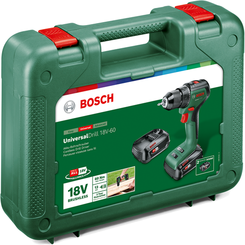 Bosch groen universaldrill 18v-60 | accuschroefboormachine met twee standen | 2 x 2.0 ah accu + lader 06039d7002