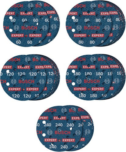 Bosch accessoires expert 55-delige set schuurschijf o780 met film onderlaag, 125 mm, 5xg60; 15xg80; 15xg120; 15xg180; 5xg240 - 2608902429
