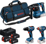 Bosch blauw bosch professional 18v toolkit - gereedschap combiset - gsr 18v-65 + gdx 18v-285 + gbh 18v-22 + 3x gba 5.0ah 18v accu + gal 12v-18v-80