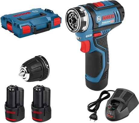 Bosch blauw gsr 12v-15 flexiclick accuschroefboormachine + gfa 12-b | 10.8v (2x 2.0ah accu + lader) - 06019f6001