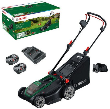 Bosch groen bosch rotak 18v2-43 - grasmaaier - inclusief 2 x 18v 4.0 ah accu en al 2x18v-88 lader en mulchplug