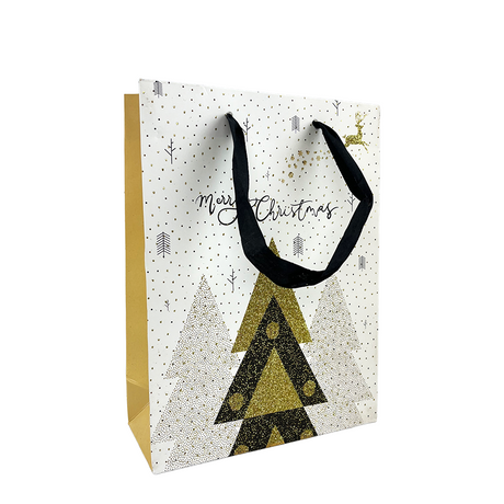 Cadeautas medium wit glitter merry christmas kerstboom 18x24x8cm