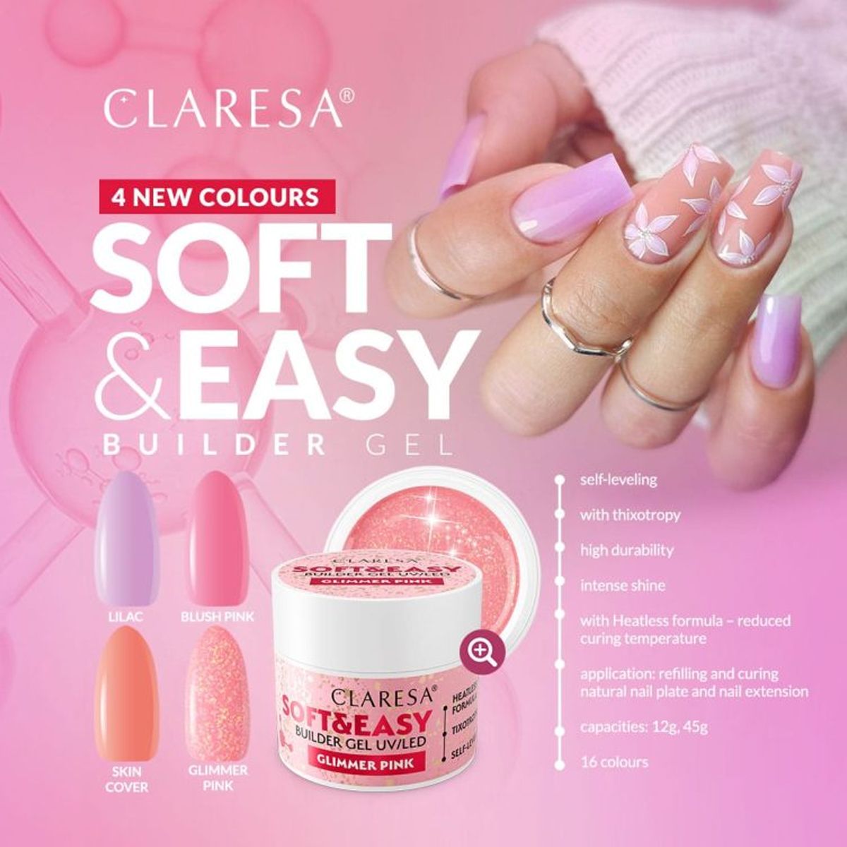 Claresa keratine soft easy builder gel glimmer pink 90gr.
