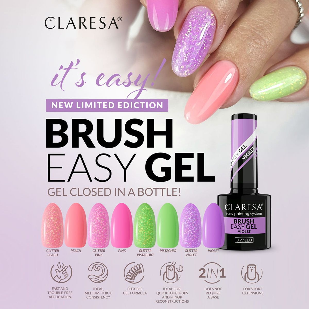 Claresa brush easy gel glitter peach 5ml