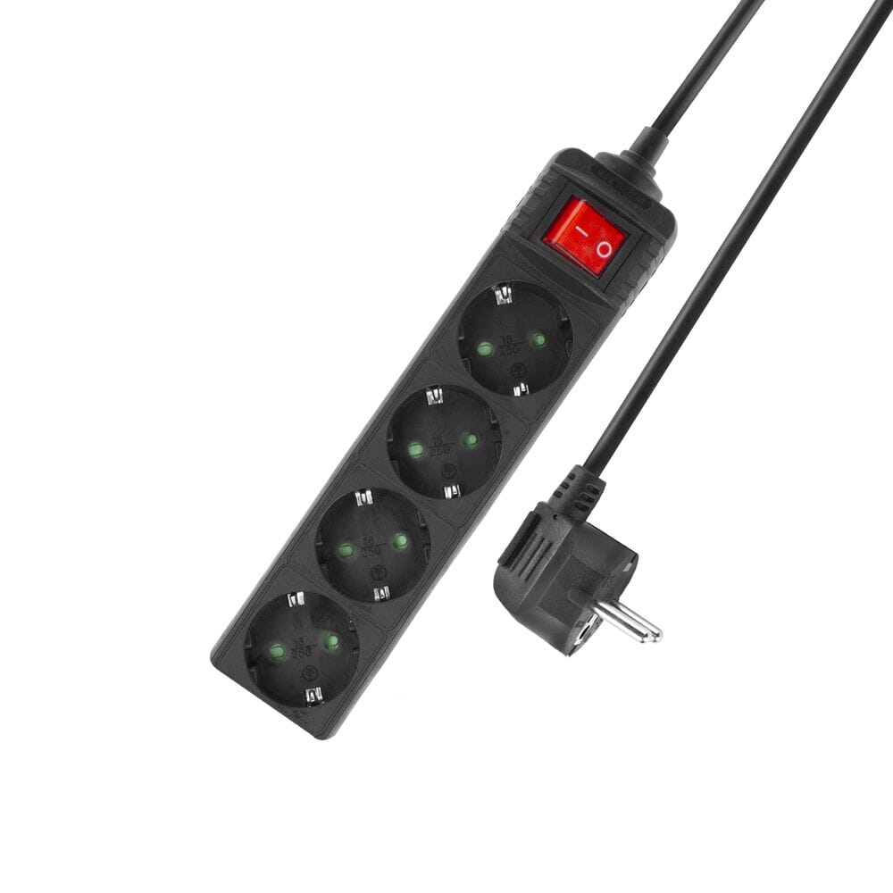 Act stekkerdoos met schakelaar, 4 sockets, 2 m, zwart