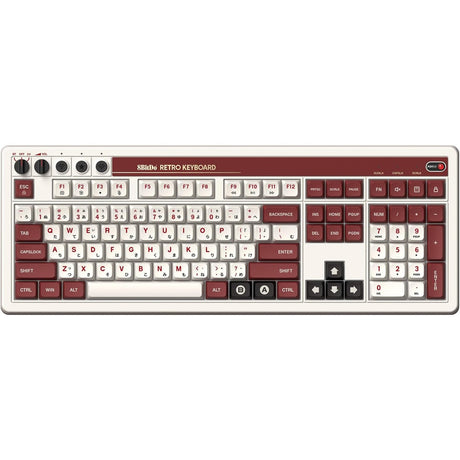 8bitdo retro mechanical keyboard fami edition (beige, us lay-out (qwerty), kailh box white, 100%, bluetooth low energy, wireless 2.4g, usb)