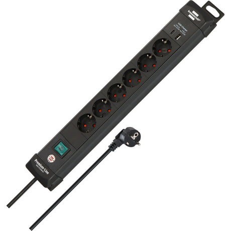 Brennenstuhl premium-line stekkerdoos 6-voudig met usb c pd 30w en usb a 18w stekkerdoos (zwart, 1x usb-a, 1x usb-c)