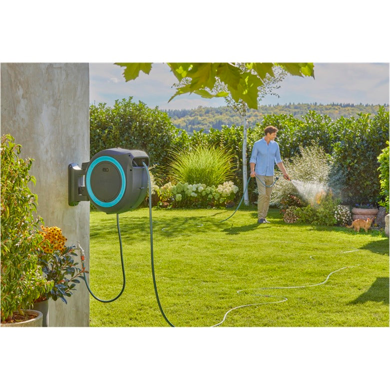 Gardena 40 m wand-slangenbox powerroll xxl slanghaspel (grijs turquoise, 40 meter, accu en oplader niet inbegrepen, power for all alliance, )