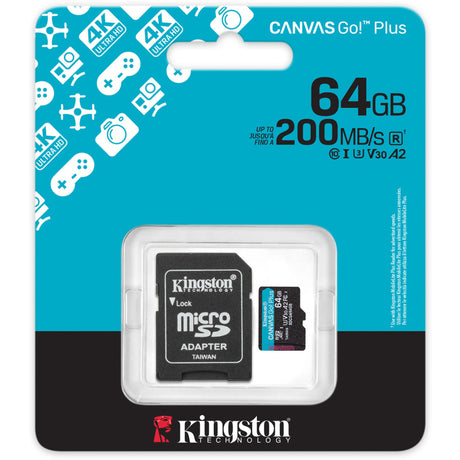 Kingston canvas go! plus microsdxc 64 gb geheugenkaart (zwart, incl. adapter, class 10, uhs-i u3, v30, a2)