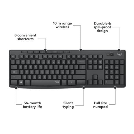 Logitech mk295 silent wireless keyboard and mouse combo desktopset (zwart, us-international lay-out (qwerty), 100%)