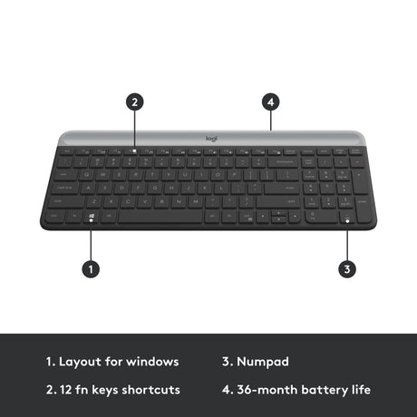 Logitech mk470 slim draadloze desktopset (zwart, us-international lay-out (qwerty), scissor switches, 100%, 1000 dpi)