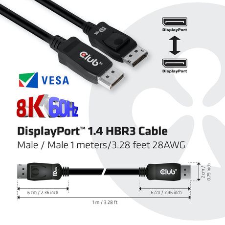 Club 3d displayport 1.4 vesa gecertificeerde kabel male-male (zwart, 1 meter, 8k 60hz of 2x 4k 60hz, 32.4gbps)
