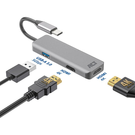 Act connectivity usb-c 4k multiport adapter voor 2 hdmi schermen, usb-a datapoort (aluminium)