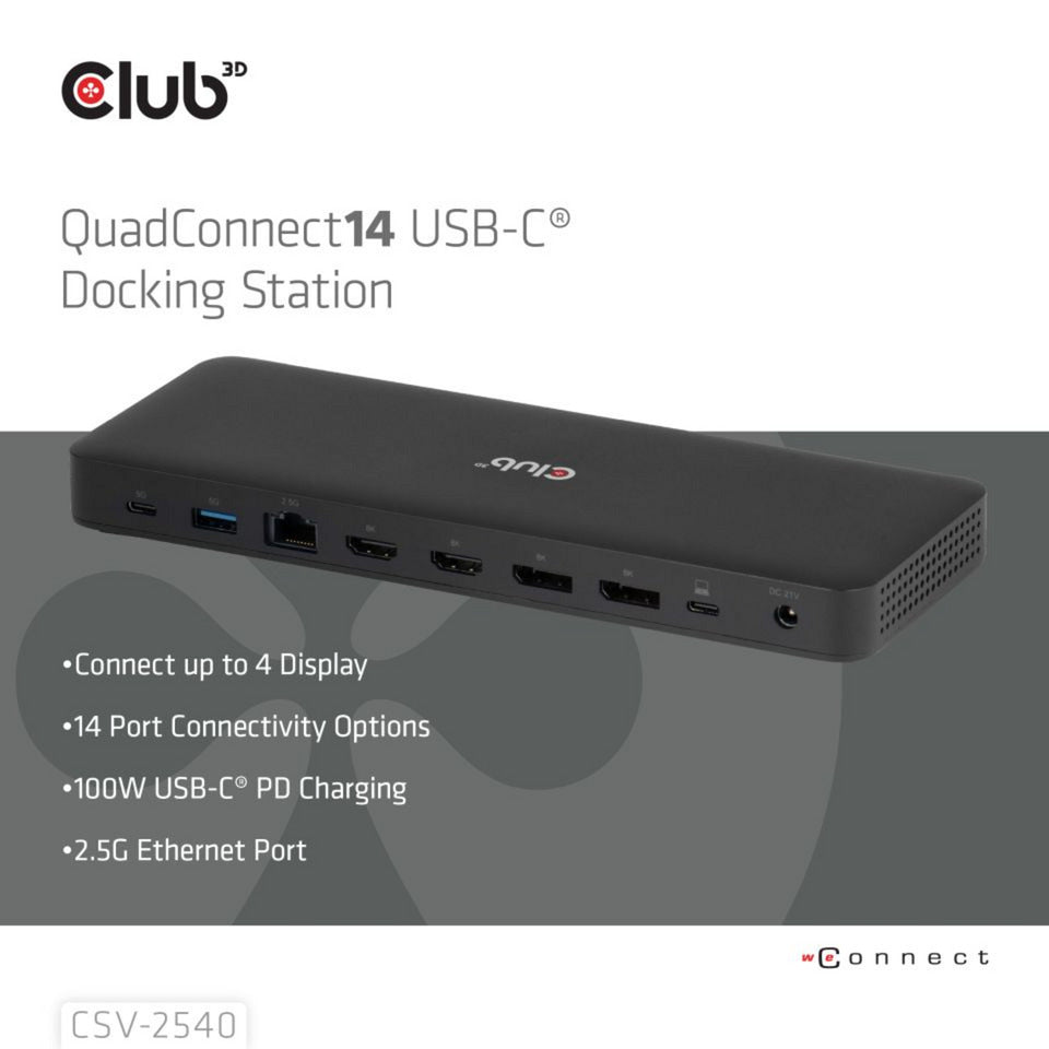 Club 3d 14-1 usb-c quad display dockingstation (zwart)