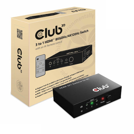 Club 3d 3 naar 1 hdmi switch (zwart, 8k)