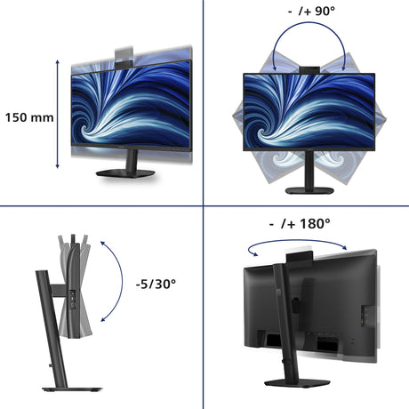 Philips 24b2u3301h 00 23.8 monitor (zwart, hdmi, displayport, usb-c, lan, audio, webcam, 120 hz)