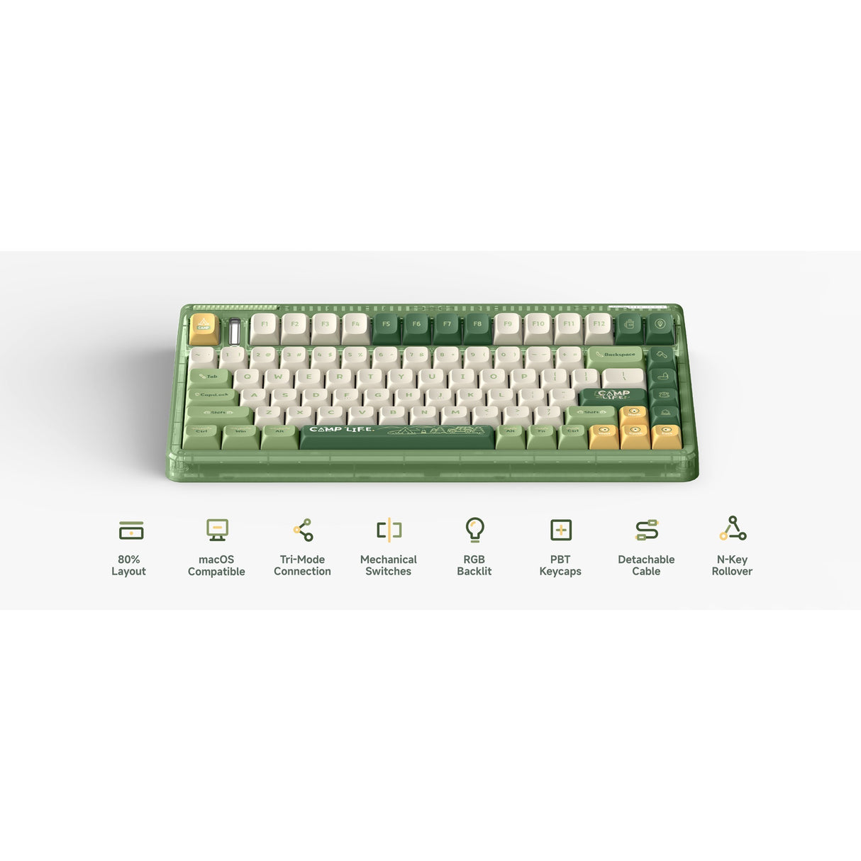 Iqunix og80 camping wireless mechanical keyboard (groen, us lay-out (qwerty), cherry mx red, 80% (tkl), rgb leds, hot-swappable, pbt, 2.4ghz | bluetooth 5.1 | usb-c)