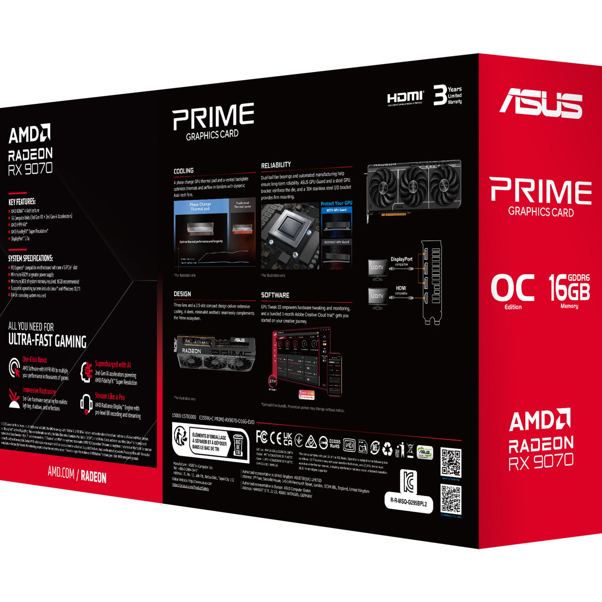 Asus prime radeon rx 9070 evo oc grafische kaart (grijs, 3x displayport, 1x hdmi)