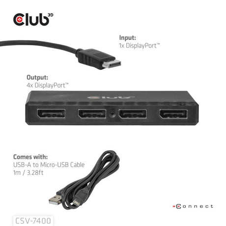 Club 3d displayport quad monitor hub mst 4x 4k30hz displayport splitter (zwart)