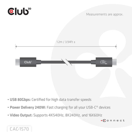 Club 3d usb-c 80gbps certified 240w 8k 240hz kabel (zwart, 1.2m)