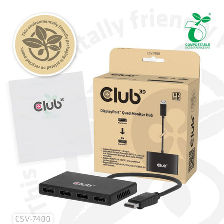 Club 3d displayport quad monitor hub mst 4x 4k30hz displayport splitter (zwart)
