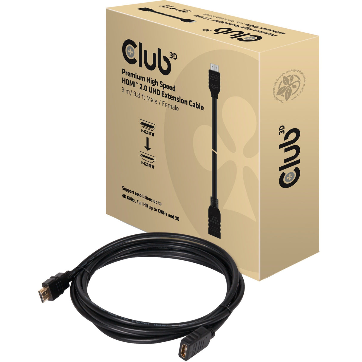 Club 3d premium high speed hdmi 2.0 verlengkabel (zwart, 3 meter, 4k)