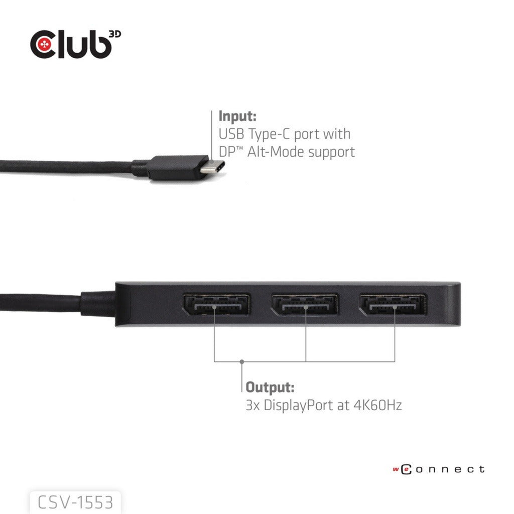 Club 3d usb-c naar 3x displayport hub (zwart)
