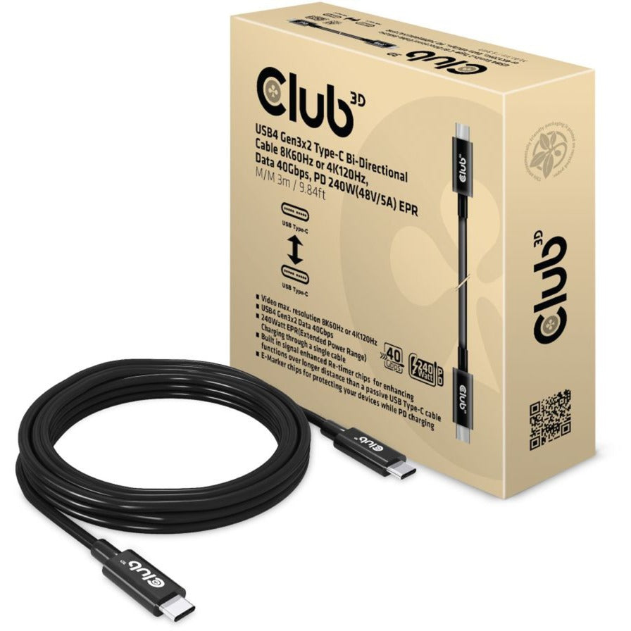 Club 3d usb-c 4 gen 3x2 kabel (zwart, 3 meter)
