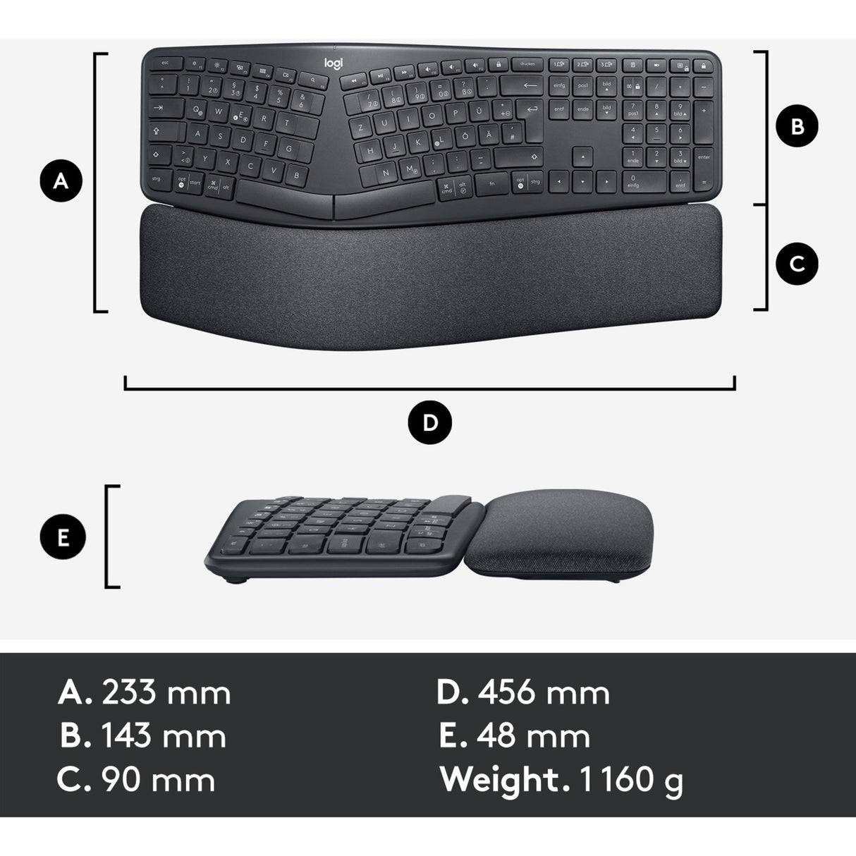 Logitech k860 ergo keyboard (zwart, 100%, bluetooth, us international iso)