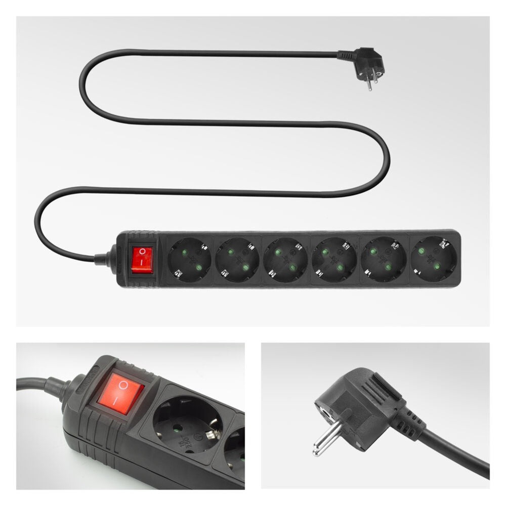 Act connectivity act stekkerdoos met lichtgevende schakelaar, 6 sockets, 3 m, zwart ac2465