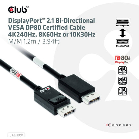 Club 3d displayport 2.1 vesa dp80 gecertificeerde kabel male-male (zwart, 1,2 meter, 4k 240hz, 8k 60hz, 80gbps)