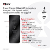 Club 3d travel charger 132w gan technology (zwart, usb-a, usb-c, power delivery (pd) 3.0)