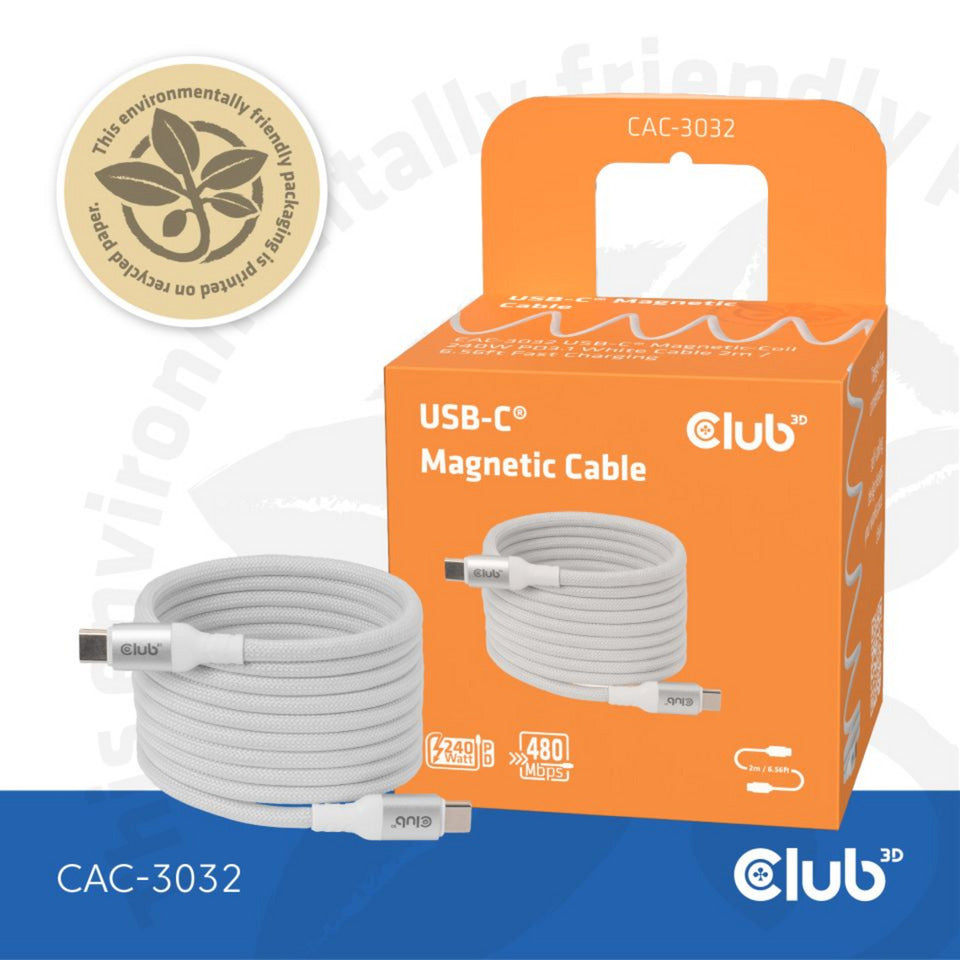 Club 3d magnetische usb‑c kabel (wit, 2 meter)