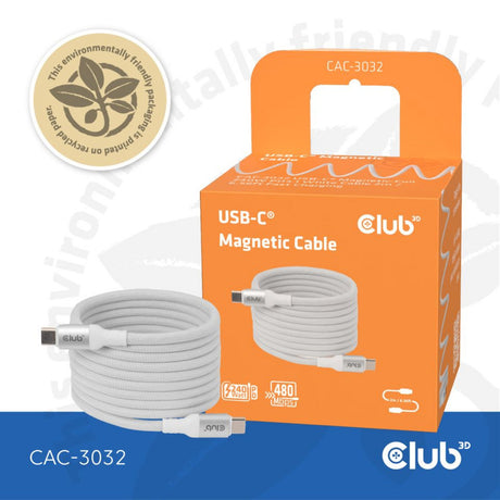 Club 3d magnetische usb‑c kabel (wit, 2 meter)