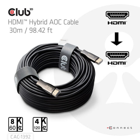 Club 3d hdmi hybride aoc kabel 8k60hz 4k120hz 30m (zwart)