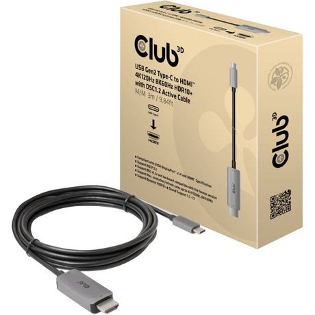 Club 3d usb gen2 type-c naar hdmi kabel (zwart, 3 meter, 4k120hz, 8k60hz, hdr10)