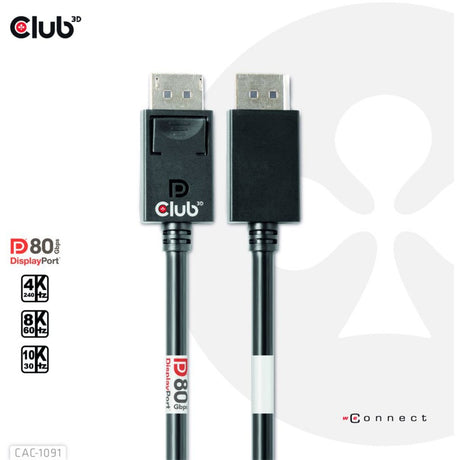 Club 3d displayport 2.1 vesa dp80 gecertificeerde kabel male-male (zwart, 1,2 meter, 4k 240hz, 8k 60hz, 80gbps)
