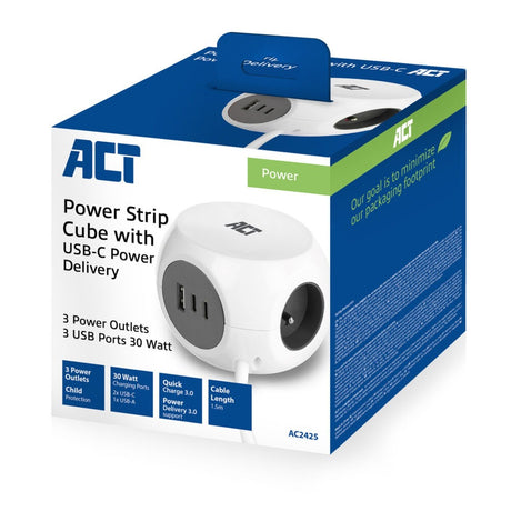 Act connectivity act stekkerdoos kubus met 3 stopcontacten, 30w power delivery usb-c a poorten, kabellengte 1,5m ac2425